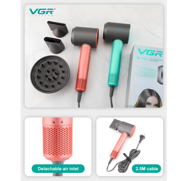 Фен професійний зелений 3 насадки 3 рівні обдування 3 рівні температури 11000 RPM VGR V-440