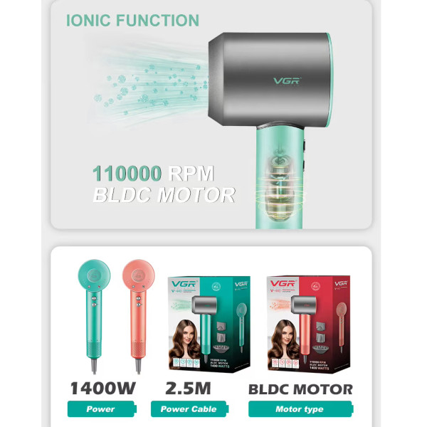Фен професійний зелений 3 насадки 3 рівні обдування 3 рівні температури 11000 RPM VGR V-440