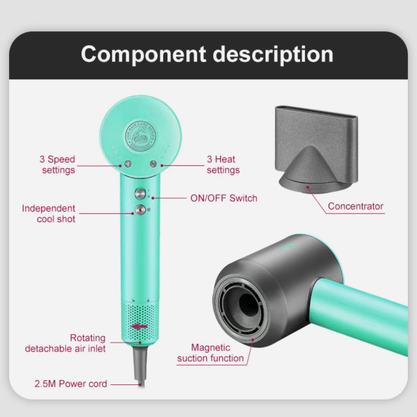 Фен професійний зелений 3 насадки 3 рівні обдування 3 рівні температури 11000 RPM VGR V-440