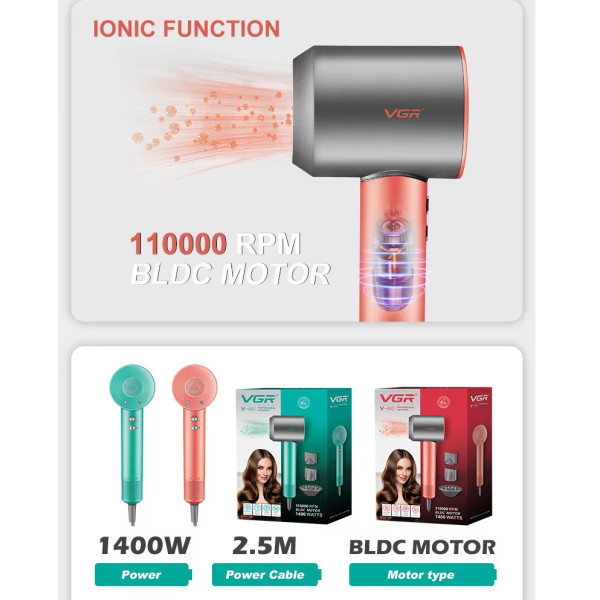 Фен професійний рожевий 3 насадки 3 рівні обдування 3 рівні температури 11000 RPM VGR V-440
