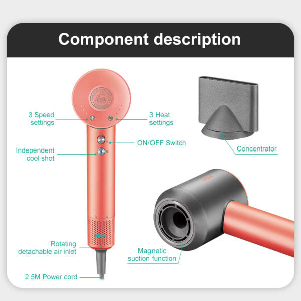 Фен професійний рожевий 3 насадки 3 рівні обдування 3 рівні температури 11000 RPM VGR V-440