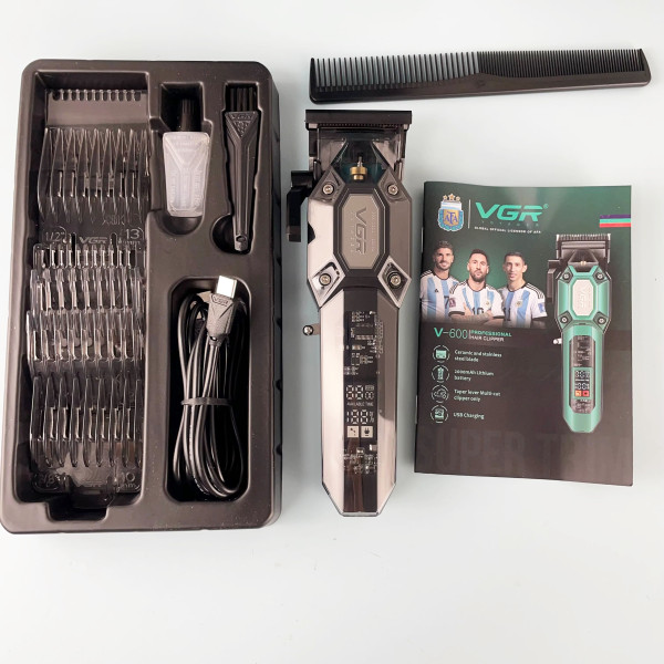 Машинка для стрижки акумуляторна 6 насадок 7000 RPM регулятор висоти LED дисплей зелена VGR V-600