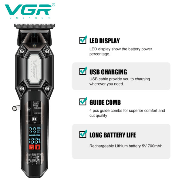 Тример акумуляторний 4 насадки LED дисплей чорний 7000 RPM VGR V-900