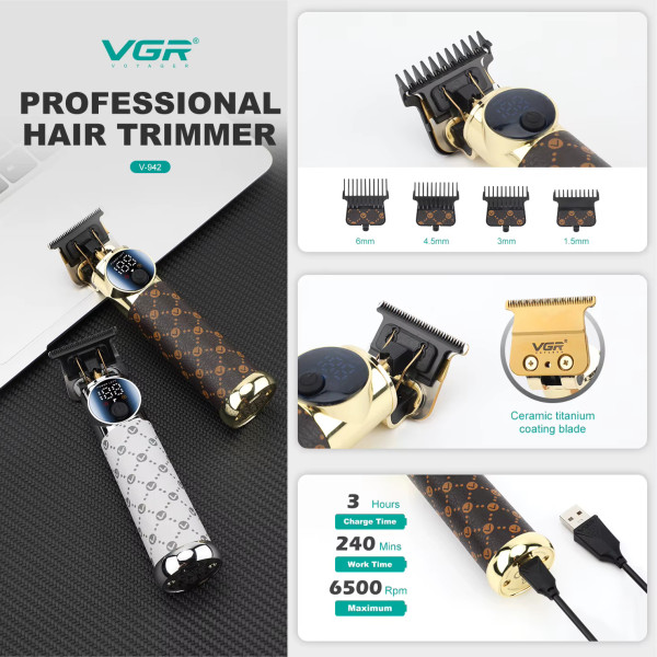 Тример акумуляторний 4 насадки LED дисплей коричневий VGR V-942