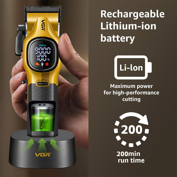 Машинка для стрижки акумуляторна 9000 RPM LED дисплей зелена VGR V-886C