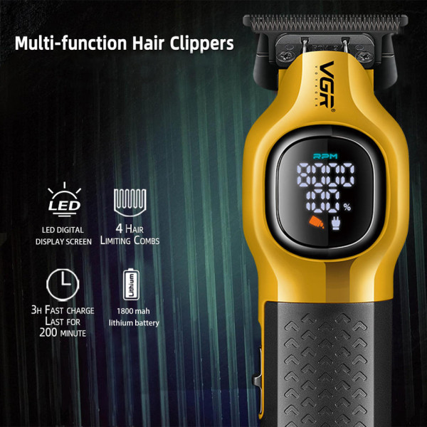 Тример акумуляторний 4 насадки LED дисплей золотистий 8000 RPM VGR V-886T