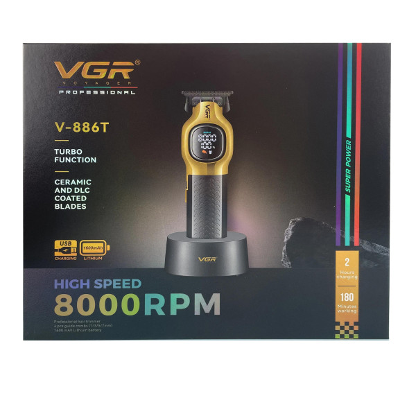 Тример акумуляторний 4 насадки LED дисплей золотистий 8000 RPM VGR V-886T