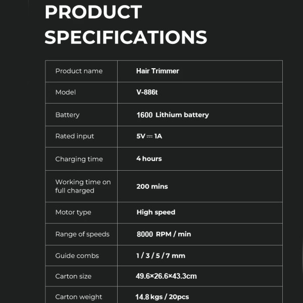Тример акумуляторний 4 насадки LED дисплей золотистий 8000 RPM VGR V-886T