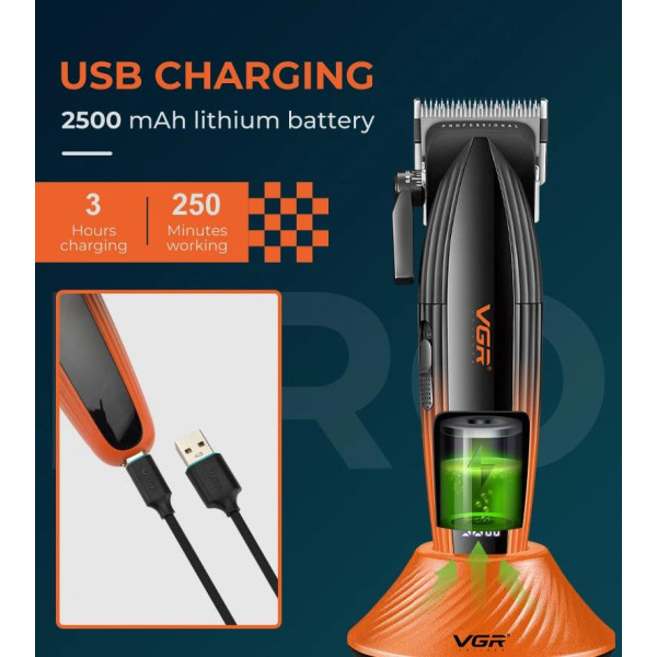 Машинка для стрижки акумуляторна 4 насадки 2000 mAh LED дисплей золотиста VGR V-904