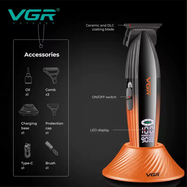 Тример акумуляторний 3 насадки LED дисплей 9000 RPM VGR V-889T