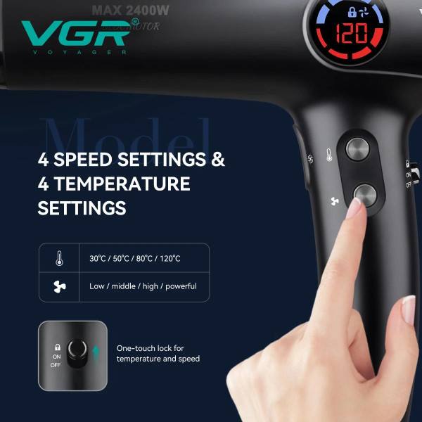 Фен професійний 2 насадки 4 рівні обдування 4 рівні температури 2400 Вт VGR V-469