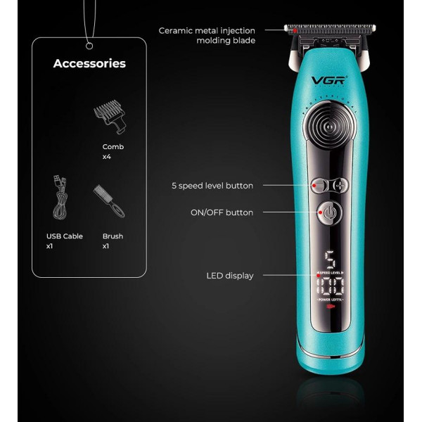 Тример акумуляторний 4 насадки 2000 mAh 5 швидкостей LED дисплей синій 9000 RPM VGR V-299