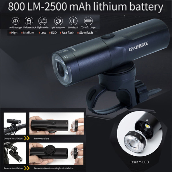 Велофара потужна 800LM 2500mAh водонепроникне блокування від дітей Li-Ion акумулятор ЗУ Type-C LEADBIKE M03-OSRAM