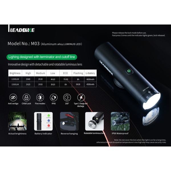 Велофара потужна 800LM 2500mAh водонепроникне блокування від дітей Li-Ion акумулятор ЗУ Type-C LEADBIKE M03-OSRAM