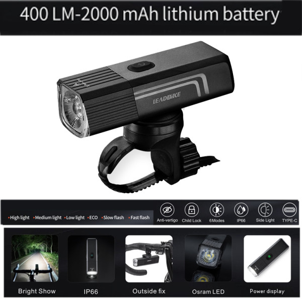 Велофара потужна 400LM 2000mAh водонепроникне блокування від дітей Li-Ion акумулятор ЗУ Type-C LEADBIKE LD88-OSRAM