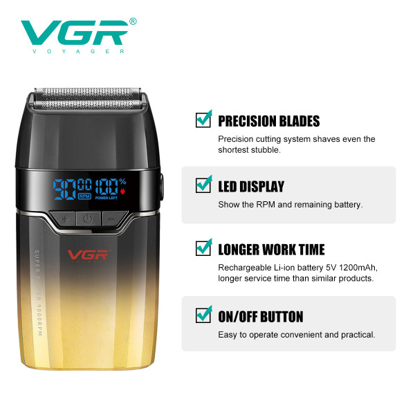 Електробритва шейвер подвійне лезо 9000 RPM LED дисплей Gold VGR V-308