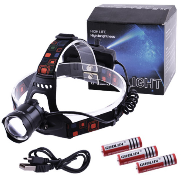 Ліхтар налобний XQ-219-HP50, power bank, 3x18650, signal light, індикація заряду, zoom, ЗУ microUSB, Box
