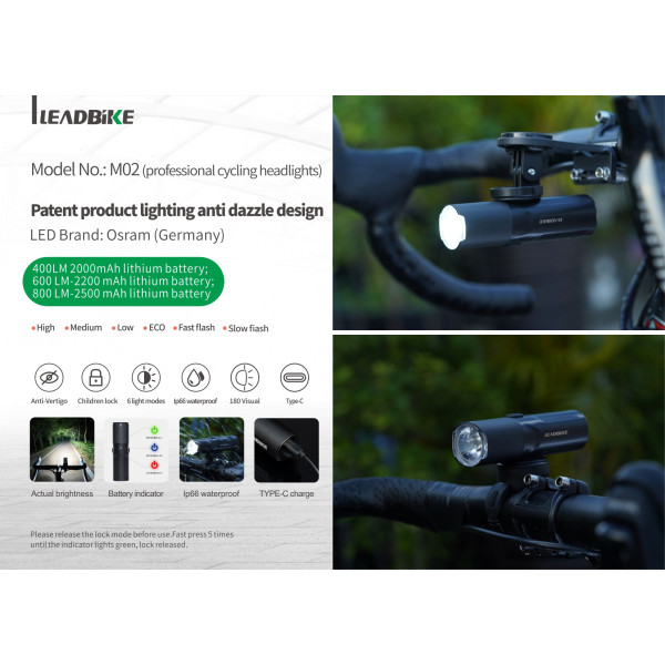 Велофара потужна 400LM 2000mAh водонепроникне блокування від дітей Li-Ion акумулятор ЗУ Type-C LEADBIKE M02-OSRAM