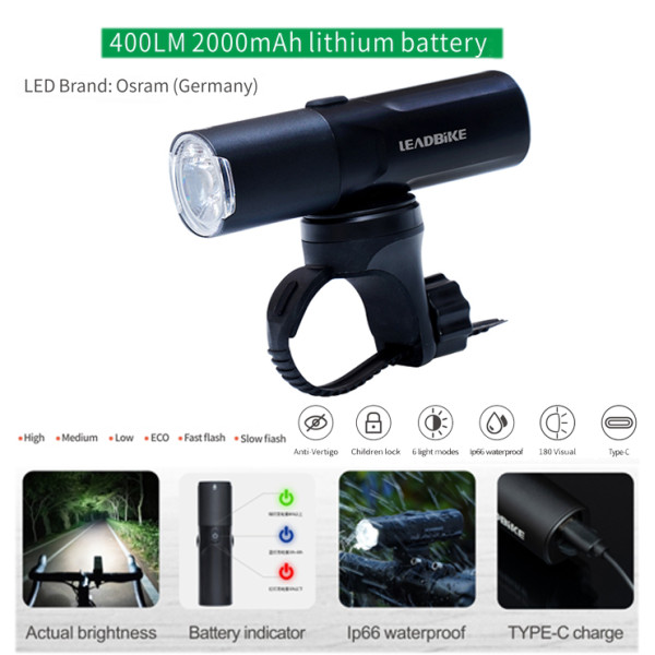 Велофара потужна 400LM 2000mAh водонепроникне блокування від дітей Li-Ion акумулятор ЗУ Type-C LEADBIKE M02-OSRAM
