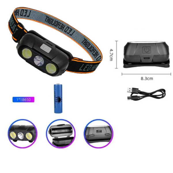 Ліхтар налобний KX-215-LED+2COB, 1x18650, ЗУ Type-C, Box