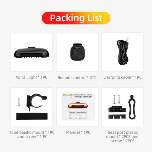 Велоліхтар із покажчиком поворотів червоний жовтий та лазерною розміткою водонепроникний ЗУ microUSB Li-Ion акумулятор Meilan X5