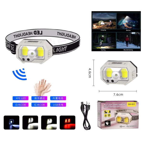 Ліхтар налобний SH-S31-XPE+COB(white+red), Motion Sensor, вбудований акумулятор, ЗУ Type-C, Box