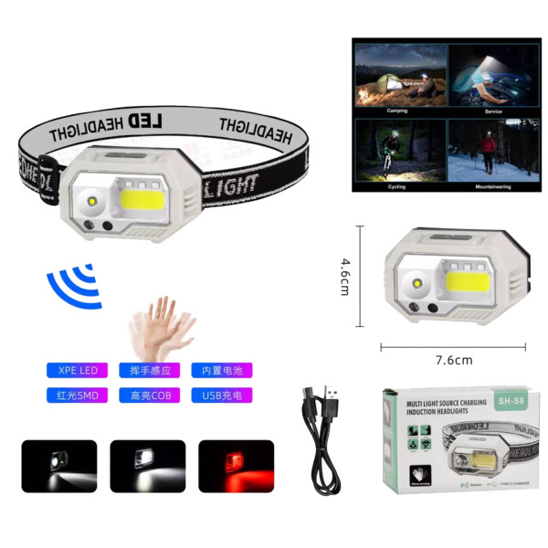 Ліхтар налобний SH-S9-XPE+COB+3SMD(red), Motion Sensor, вбудований акумулятор, ЗУ Type-C, Box