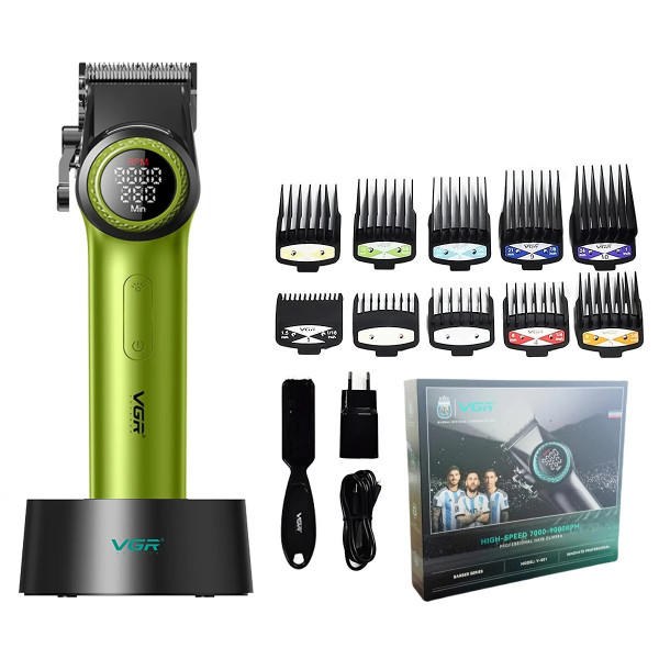 Машинка для стрижки акумуляторна 10 насадок 9000 RPM 4600 mAh LED підсвічування зелене VGR V-001