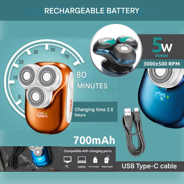 Електробритва роторна IPX5 LED дисплей Blue VGR V-346