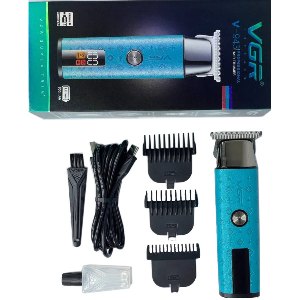 Тример акумуляторний 3 насадки LED дисплей синій VGR V-943