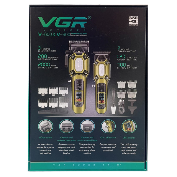 Комплект для стрижки 2 в 1 10 насадок LED дисплей 7000 RPM VGR V-600&900 Gold