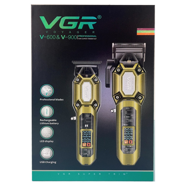 Комплект для стрижки 2 в 1 10 насадок LED дисплей 7000 RPM VGR V-600&900 Gold