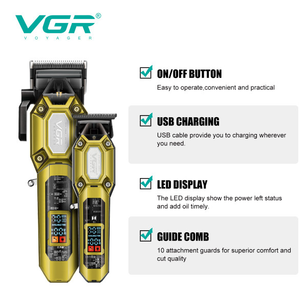 Комплект для стрижки 2 в 1 10 насадок LED дисплей 7000 RPM VGR V-600&900 Gold