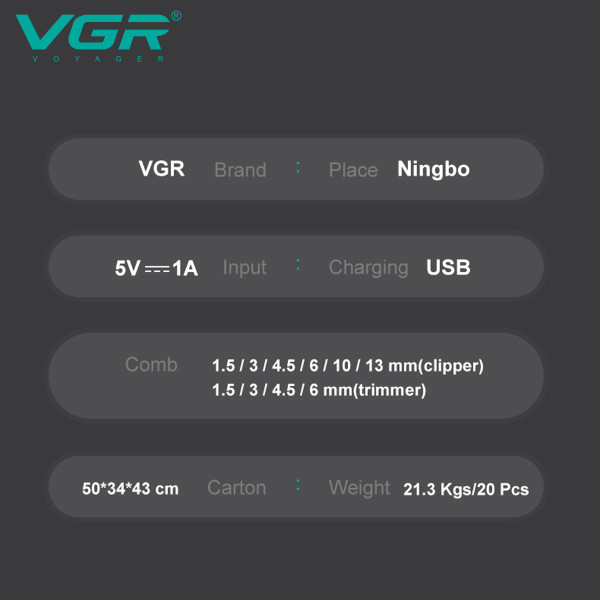 Комплект для стрижки 2 в 1 10 насадок LED дисплей 7000 RPM VGR V-600&900 Gold