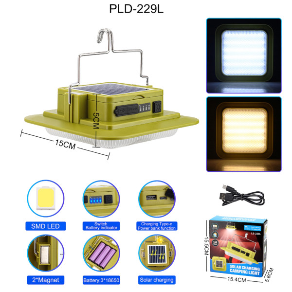 Фонарь кемпинг 229L-SMD (white+yellow), 3х18650, солн. панель, power bank, ЗУ Type-C, магнит, крюк