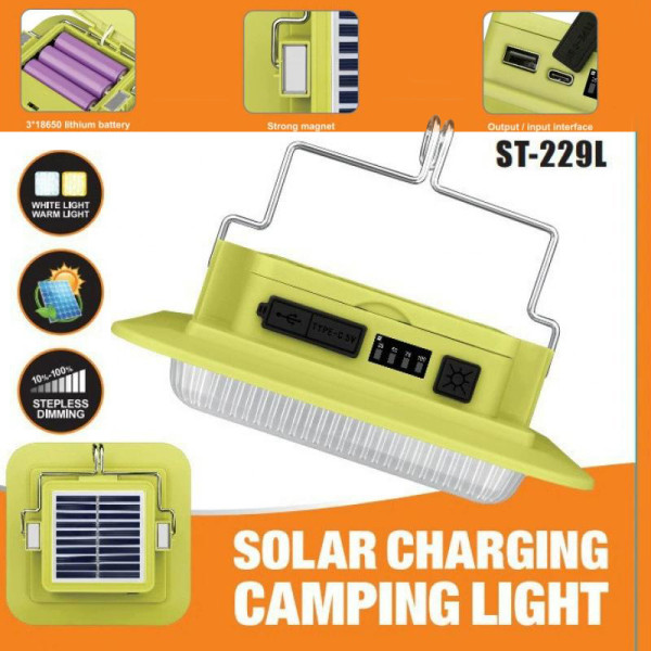 Фонарь кемпинг 229L-SMD (white+yellow), 3х18650, солн. панель, power bank, ЗУ Type-C, магнит, крюк