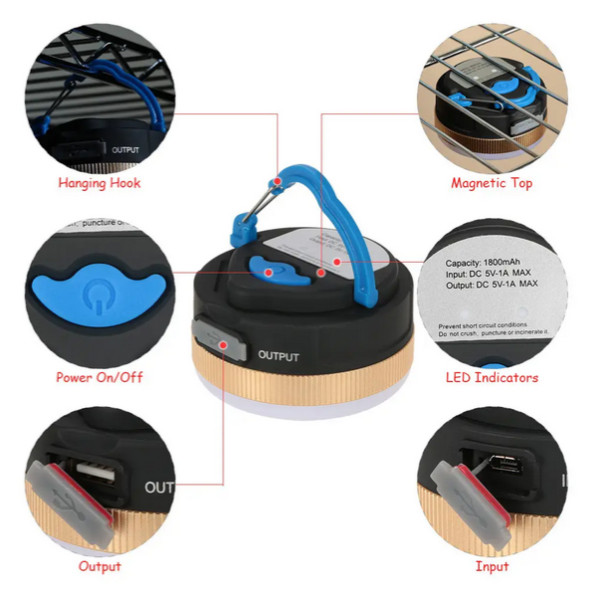 Фонарь кемпинг YD-7-7SMD(white+red), Li-Ion аккумулятор, power bank, ЗУ Type-C, магнит, крюк