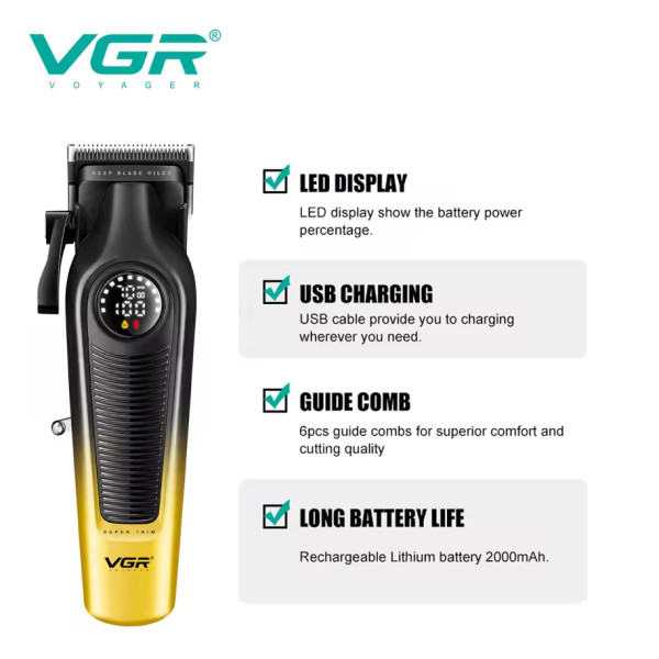 Машинка для стрижки акумуляторна 8 насадок 7000 RPM 2000 mAh LED дисплей зелена VGR V-196
