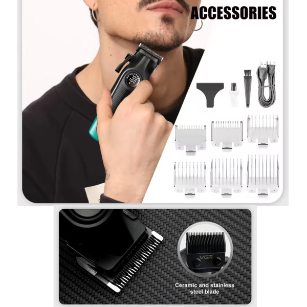 Машинка для стрижки акумуляторна 8 насадок 7000 RPM 2000 mAh LED дисплей зелена VGR V-196