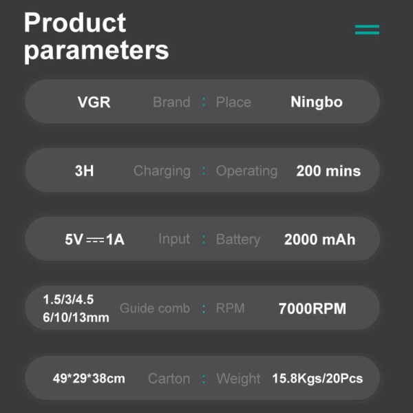 Машинка для стрижки акумуляторна 8 насадок 7000 RPM 2000 mAh LED дисплей зелена VGR V-196