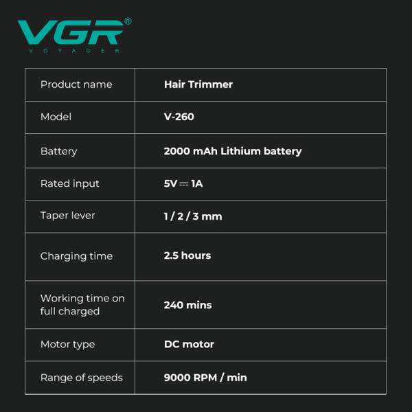 Триммер V-260 RED, 3 насадки, 2000mAh, 9000 RPM, LED display