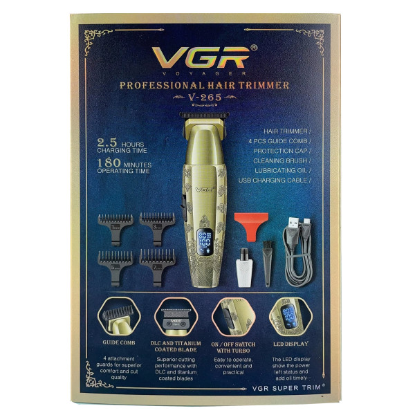 Тример акумуляторний 4 насадки 1600 mAh LED дисплей 8000 RPM VGR V-265