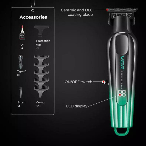 Тример акумуляторний 5 насадок LED дисплей золотистий 7000 RPM VGR V-935