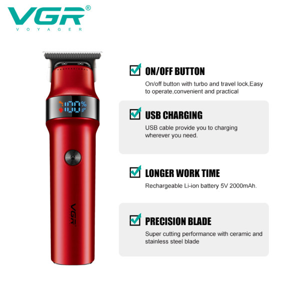 Тример акумуляторний 3 насадки LED дисплей червоний VGR V-987