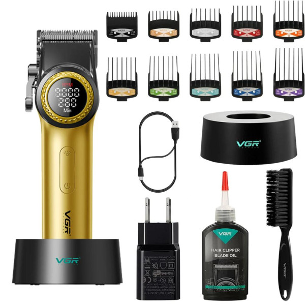 Аккумуляторная машинка для стрижки (clipper) VGR V-001 GOLD, 10 насадок, 9000 RPM, 4600 mAh, LED light, LED display