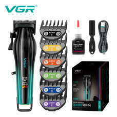 Машинка для стрижки акумуляторна 6 насадок 9000 RPM 2500 mAh LED дисплей зелена VGR V-279