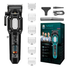 Машинка для стрижки акумуляторна 6 насадок 7000 RPM регулятор висоти LED дисплей зелена VGR V-600