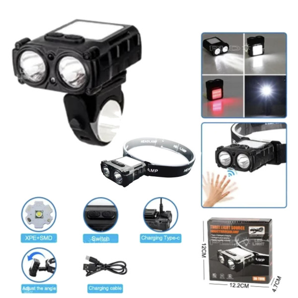 Велоліхтар налобний білий червоний датчик руху Li-Ion акумулятор Type-C Box SH-T808-2XPE-20SMD