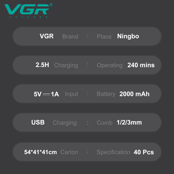 Тример акумуляторний 3 насадки TURBO режим керамічне лезо LED дисплей зелений 9000 RPM VGR V-906