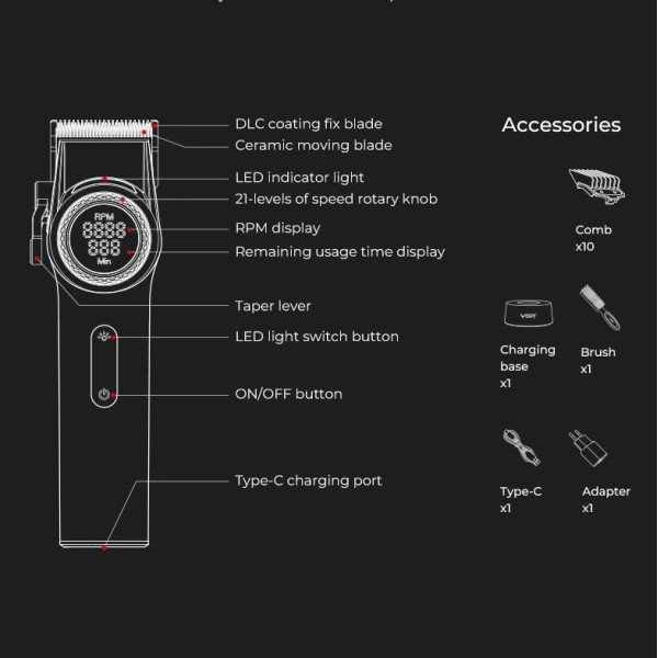 Машинка для стрижки акумуляторна 6 насадок TURBO 9000 RPM керамічне лезо золотиста VGR V-003